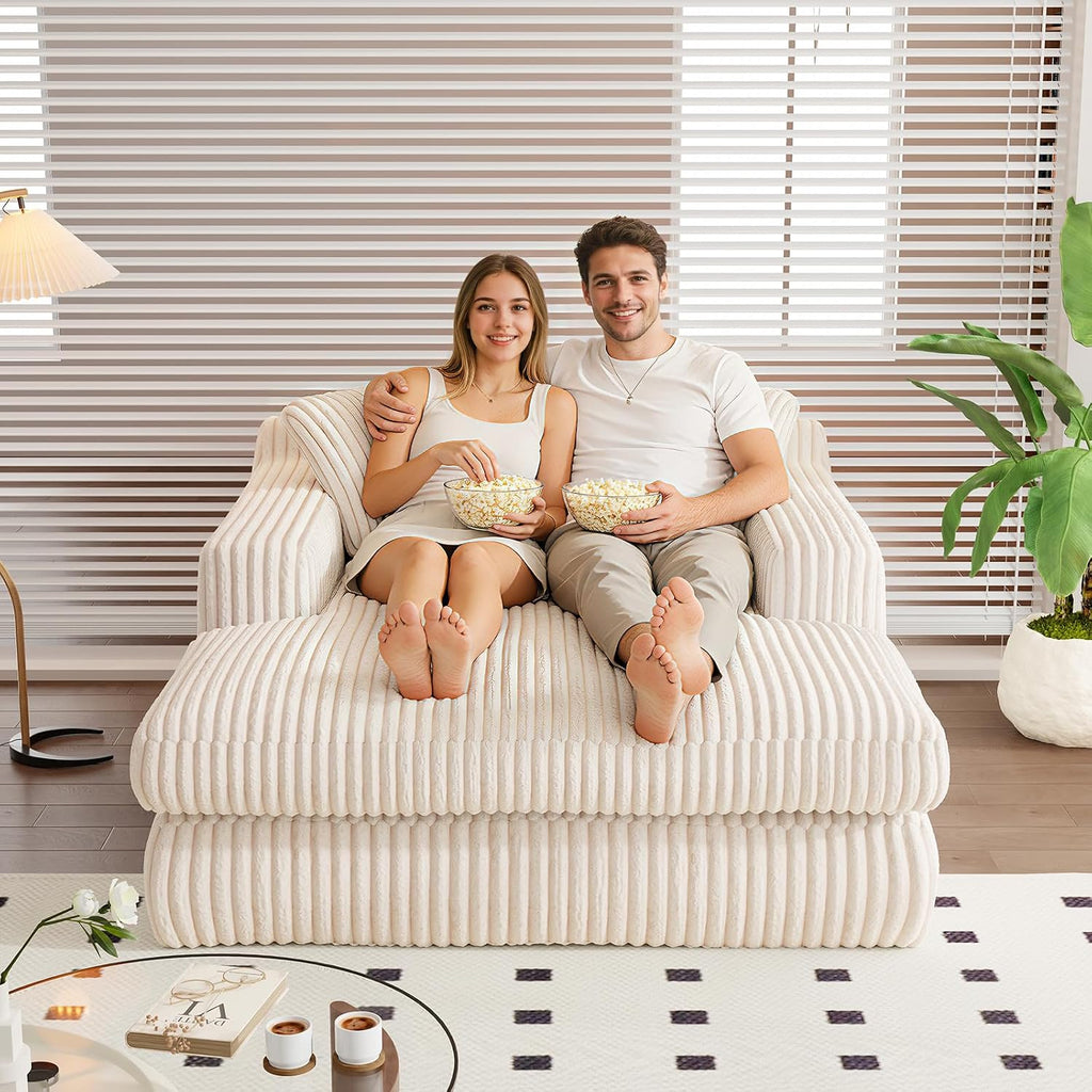 Antetek Oversized Chaise Longue Chair Indoor, Modern 53-inch Upholstered Corduroy Deep Seat Single Cloud Lounge Floor Sofa Couch for Living Room, Bedroom Apartment, Beige