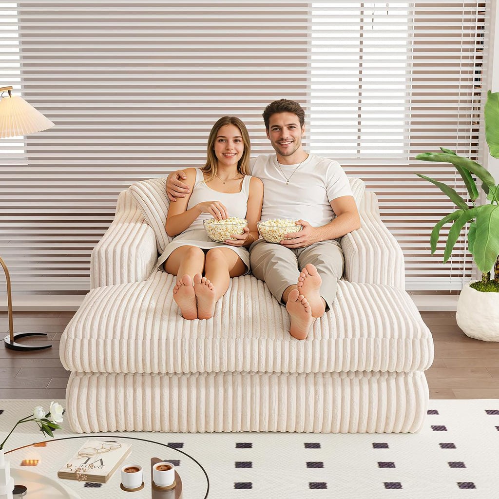 Antetek Oversized Chaise Longue Chair Indoor, Modern 53-inch Upholstered Corduroy Deep Seat Single Cloud Lounge Floor Sofa Couch for Living Room, Bedroom Apartment, Beige