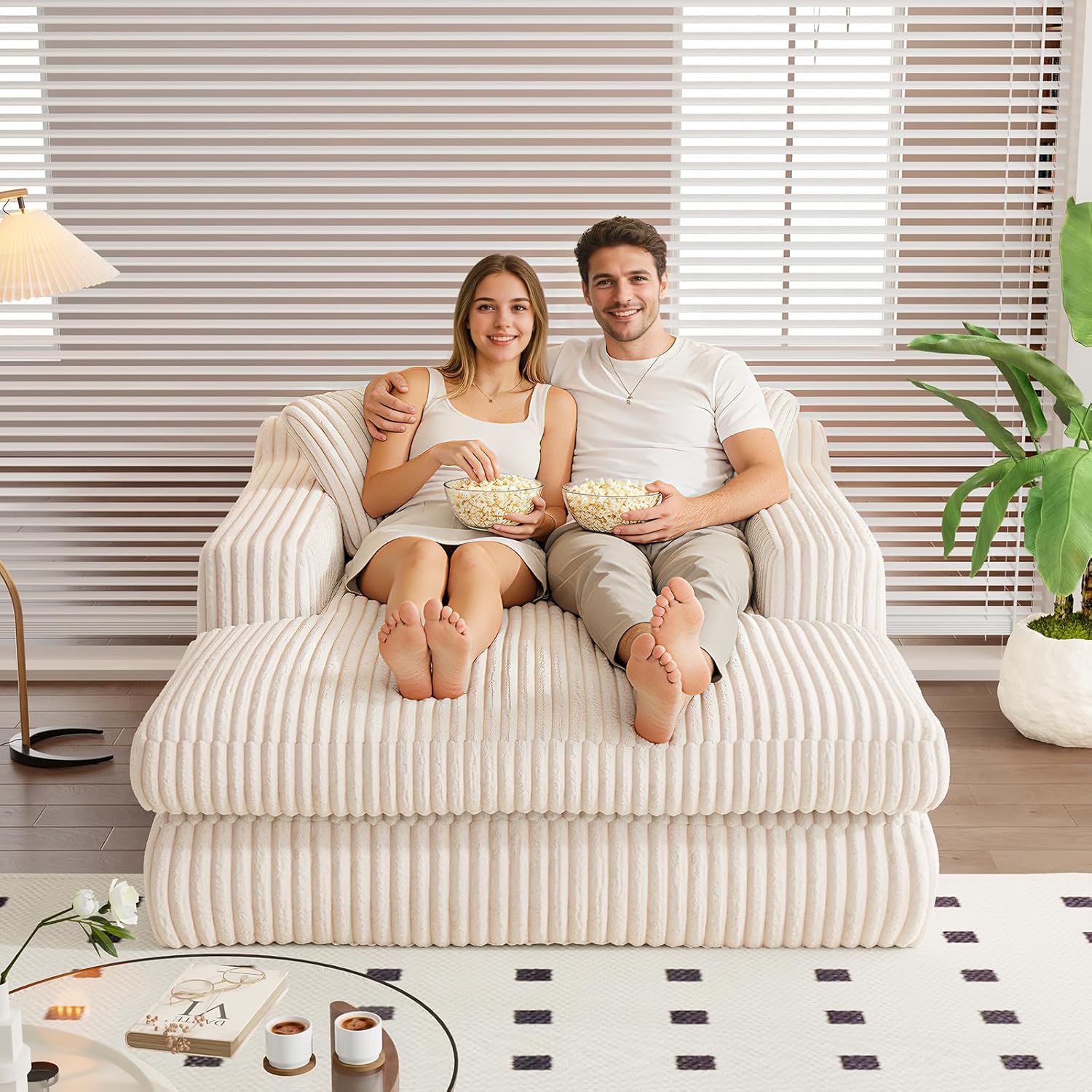 Antetek Oversized Chaise Longue Chair Indoor, Modern 53-inch Upholstered Corduroy Deep Seat Single Cloud Lounge Floor Sofa Couch for Living Room, Bedroom Apartment, Beige