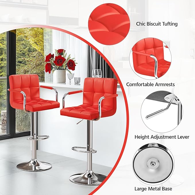 Yaheetech Bart Stools Set of 4, PU Leather Adjustable Barstools with Armrest, Counter Height Stool Chairs with Thickened Seat Cushion for Kitchen Island, Red