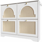 Freestanding Shoe Rack, Tipping Bucket Shoe Cabinet with 4 Flip Drawers, Elegant Entryway Shoe Organizer with 4 Rattan Doors,for Kitchen Home
