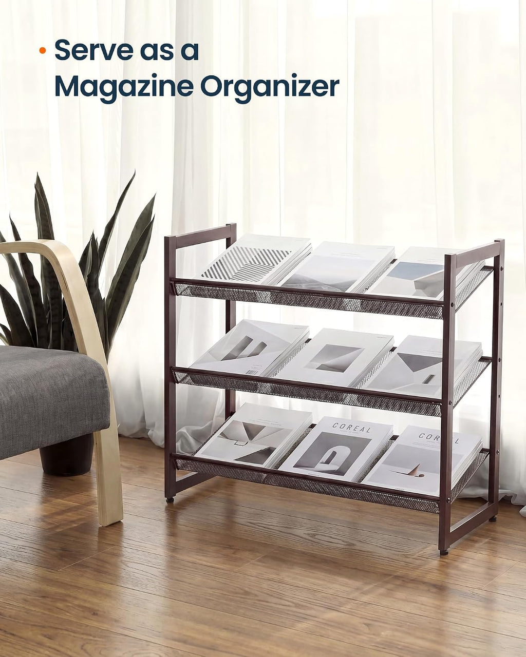 SONGMICS HOME 3-Tier Stackable Shoe Rack, Metal Shoe Organizer for Closet, Entryway, Garage, Flat or Slanted Mesh Shelves, Brown