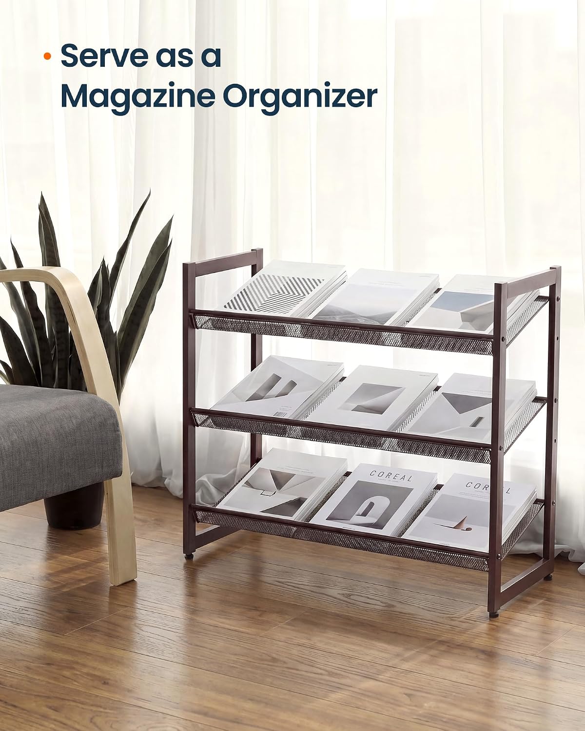 SONGMICS HOME 3-Tier Stackable Shoe Rack, Metal Shoe Organizer for Closet, Entryway, Garage, Flat or Slanted Mesh Shelves, Brown