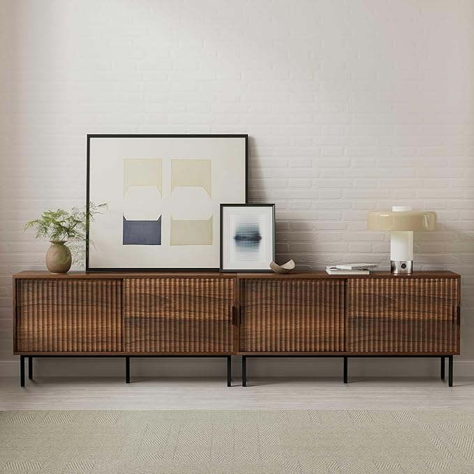 TV Stands Set of 2 for Living Room Farmhouse Entertainment Center with Fluted Sliding Doors TV Console Cabinet with Adjustable Shelf and Storagefor 65, 70, 75 Inch TV, Brown