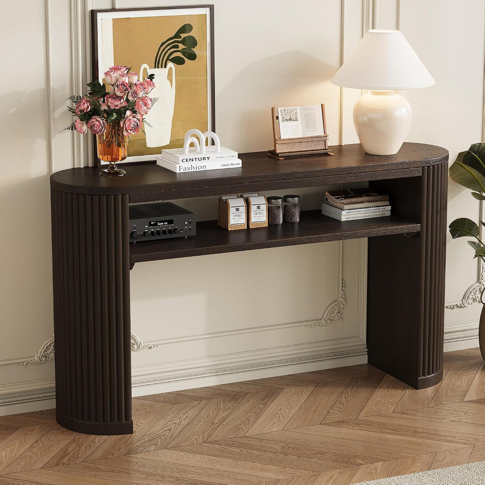 Vintage Farmhouse Console Table with Fluted Legs & Ash Veneer Top - Oval ...