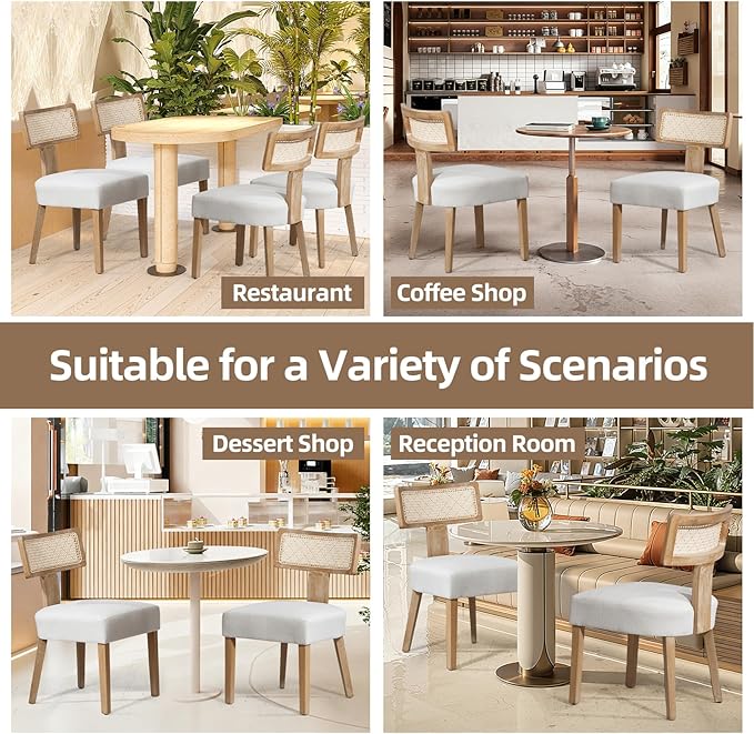 Mid-Century Modern Rattan Dining Chairs Set of 4 – Farmhouse Linen Upholstered Accent Chairs with Curved Backrest, Solid Hardwood Frame, and Comfortable Seat for Kitchen & Dining Room – Beige