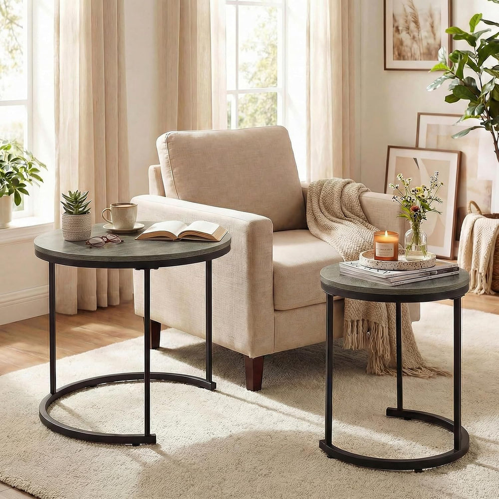GOFLAME Nesting Coffee Tables Set of 2, Stacking Round Center Table with Wood...