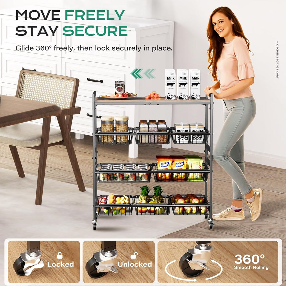 Cinati 4-Tier Utility Kitchen Cart with Wood Top, 29" W Kitchen Storage ...