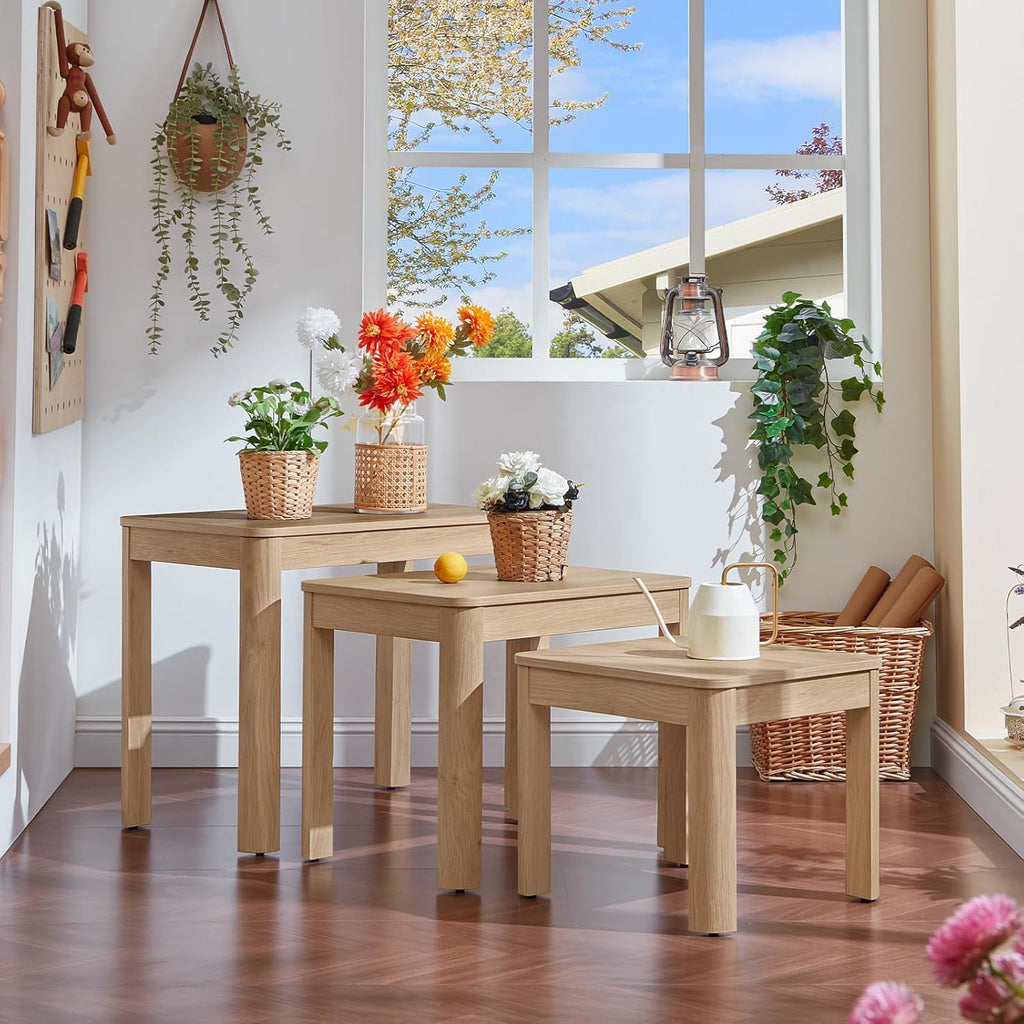 Joaxswe Farmhouse Nesting Tables Set of 3, Nesting Side Tables with Rounded Corners & 4 Thickened Table Legs, Natural Wood