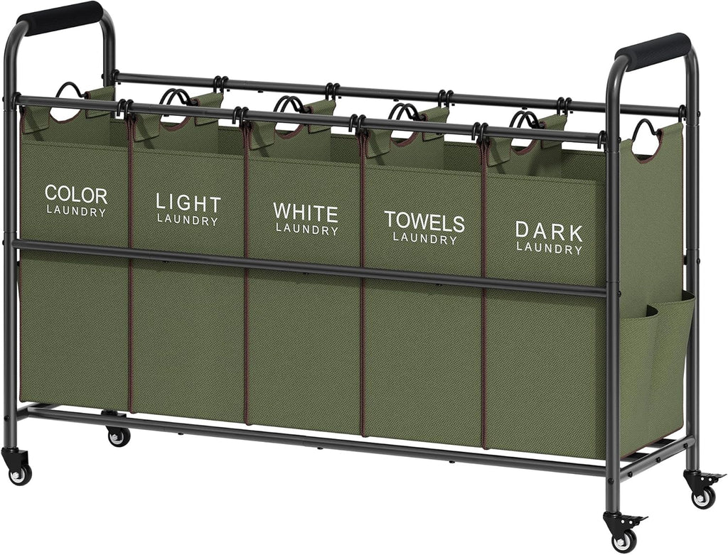 Tajsoon 5 Sections Laundry Sorter, Laundry Hamper with Heavy Duty Lockable Wheels and Removable Bags, 5 Bag Laundry Sorter Cart for Dirty Clothes Storage, Green