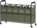 Tajsoon 5 Sections Laundry Sorter, Laundry Hamper with Heavy Duty Lockable Wheels and Removable Bags, 5 Bag Laundry Sorter Cart for Dirty Clothes Storage, Green