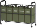 Tajsoon 5 Sections Laundry Sorter, Laundry Hamper with Heavy Duty Lockable Wheels and Removable Bags, 5 Bag Laundry Sorter Cart for Dirty Clothes Storage, Green