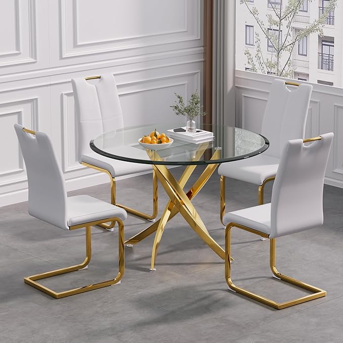 Goujxcy Dining Chairs Set of 4, Modern High Back Kitchen Chairs with Metal Legs and Faux Leather Padded Seat Upholstered Dining Chairs for Dining & Kitchen,Living Room (White&Gold, Set of 4)