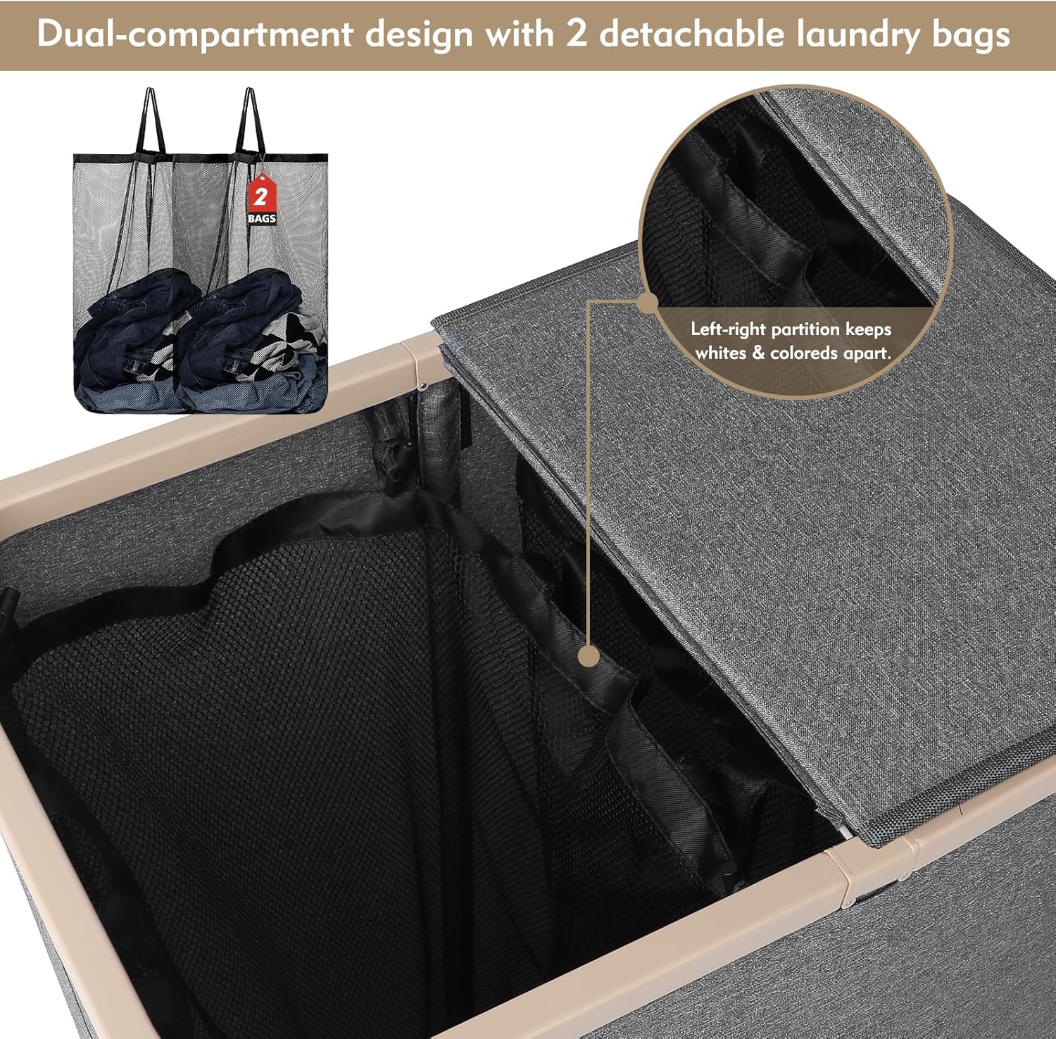 DOKEHOM 160L Double Laundry Basket with Removable Lid and Laundry Bags, Large Collapsible Laundry Hamper with 2 Sections (Grey)