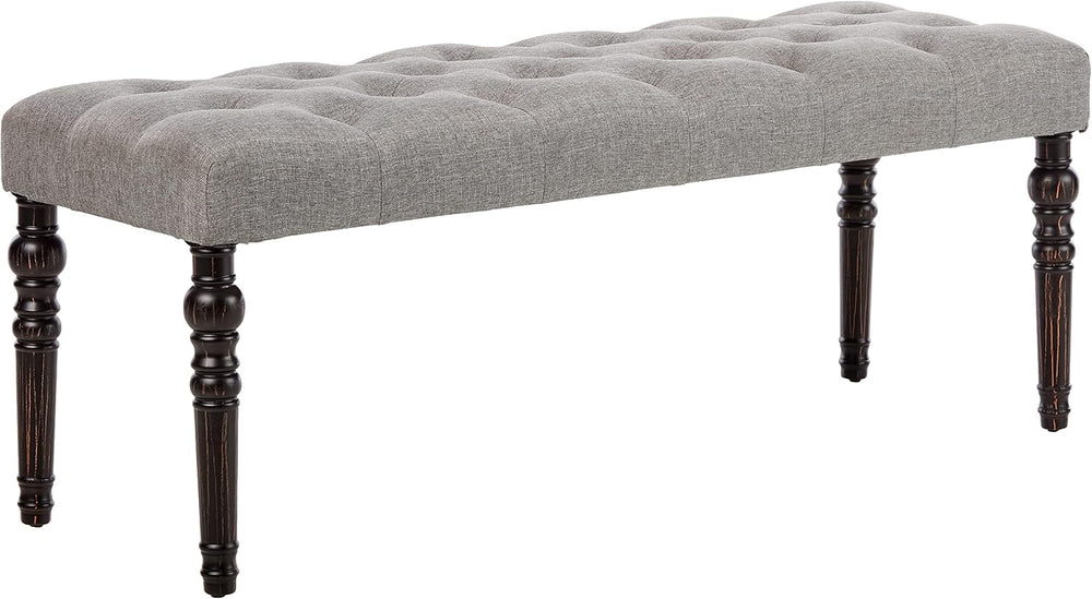 Roundhill Furniture Leviton Fabric Tufted Turned Leg Dining Bench, gray