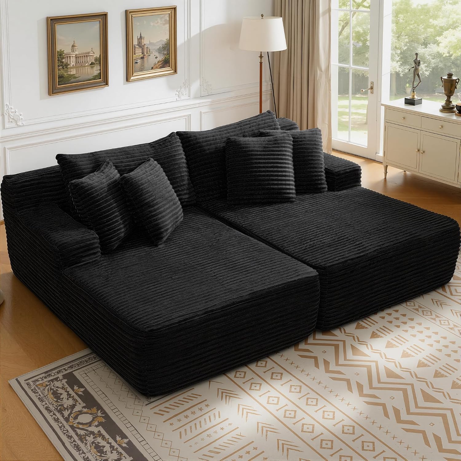 83” Oversized Double Chaise Lounge Chair Boneless Cloud Sofa Bed,Black | Double Lounge Chaise, Boneless Loveseat Sofa, Corduroy Chaise Lounge, Deep Seat Sleeper Couch for Living Room, No Assembly