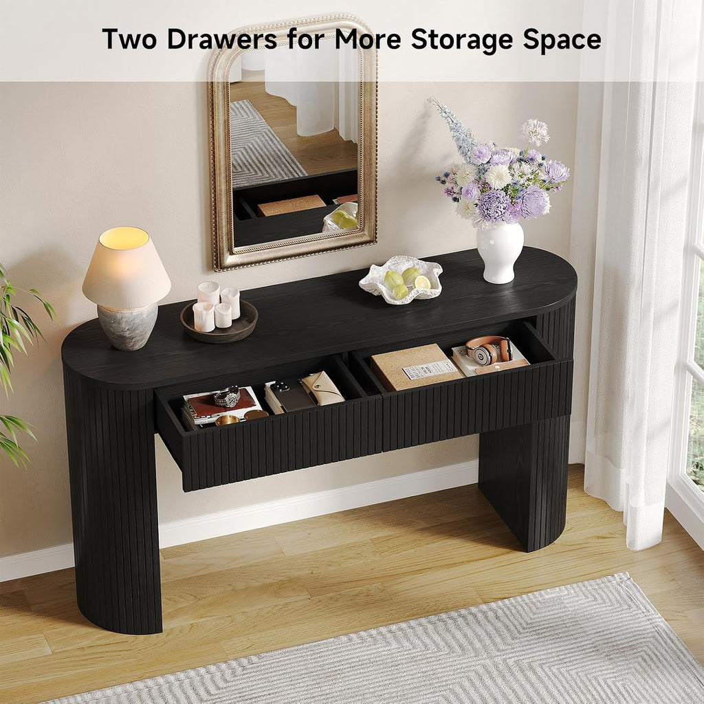 Entryway Table with Storage, Mid-Century Console Tables with 2 Drawers, Modern Fluted Sofa Table Behind The Couch, Foyer Tables for Entryway, Couch,Livingroom (Black, 55 Inches)