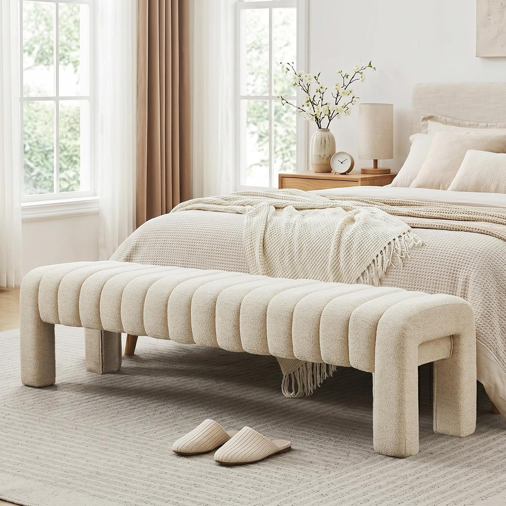 63’’ Bedroom Bench, Upholstered End of Bed Bench with Solid Wood Legs, Modern...