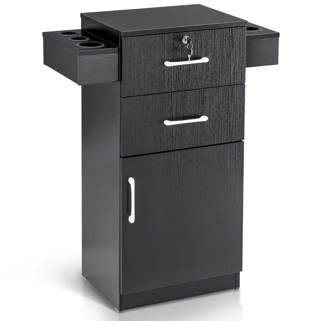 BarberPub 38"x18"x14" Locking Beauty Salon Storage Cabinet, Barber Styling Station with Nylon Hair Dryer Holder, Barber Shop Stylist Equipment with Drawers 2021 (Black)
