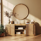 BELLEZE 67" Fluted TV Stand, Curved Entertainment Center with Sliding Tambour Doors, Media Console Table for TV up to 75" for Living Room (Camel)