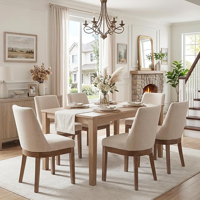HNY Modern Dining Chairs Set of 6 with Comfortable Back Support, Farmhouse Soft Linen Upholstered Kitchen Dining Room Chairs with Solid Wood Legs, Armless Accent Side Chairs for Living Room, Beige