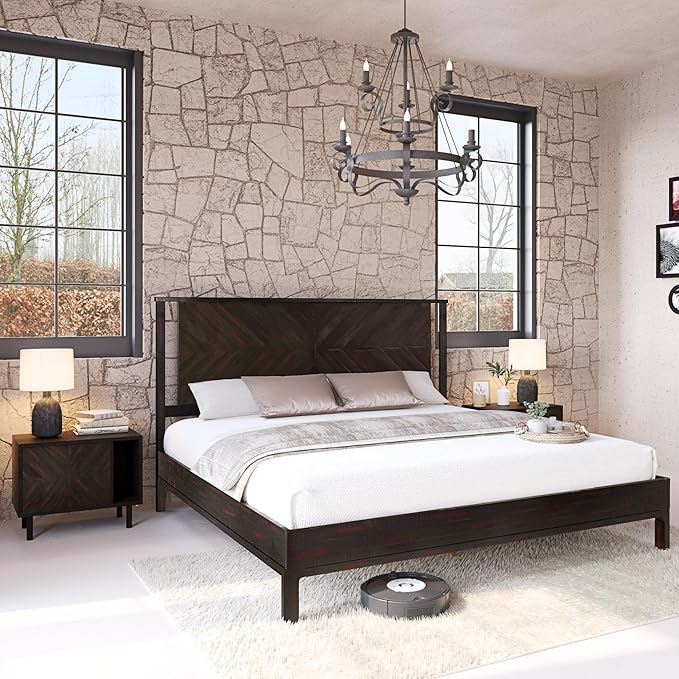 Bme Vivian 14 Inch Deluxe Bed Frame with Headboard, Rustic & Scandinavian Style with Solid Acacia Wood, No Box Spring Needed, 12 Strong Wood Slat Support, Easy Assembly, King, Rustic Black