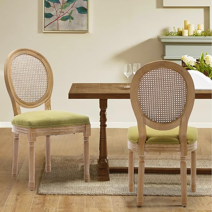 Rattan Back Upholstered Dining Chairs Set of 6 French Country Oval Kitchen Si...