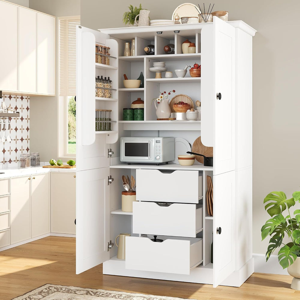 70.9" Tall Kitchen Pantry Cabinet with 4 Doors 3 Drawers 6 Wine Racks &a...