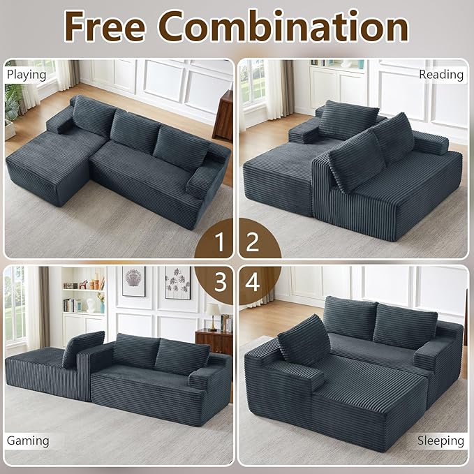 96.1" Modular Sectional Sofa Couches L-Shape Couch 3 Seat Modular Sofa Corduroy Memory Foam Sectional Boneless Couches for Living Room, Cloud Couch with Oversized Chaise(Dark Gray, Left Facing)