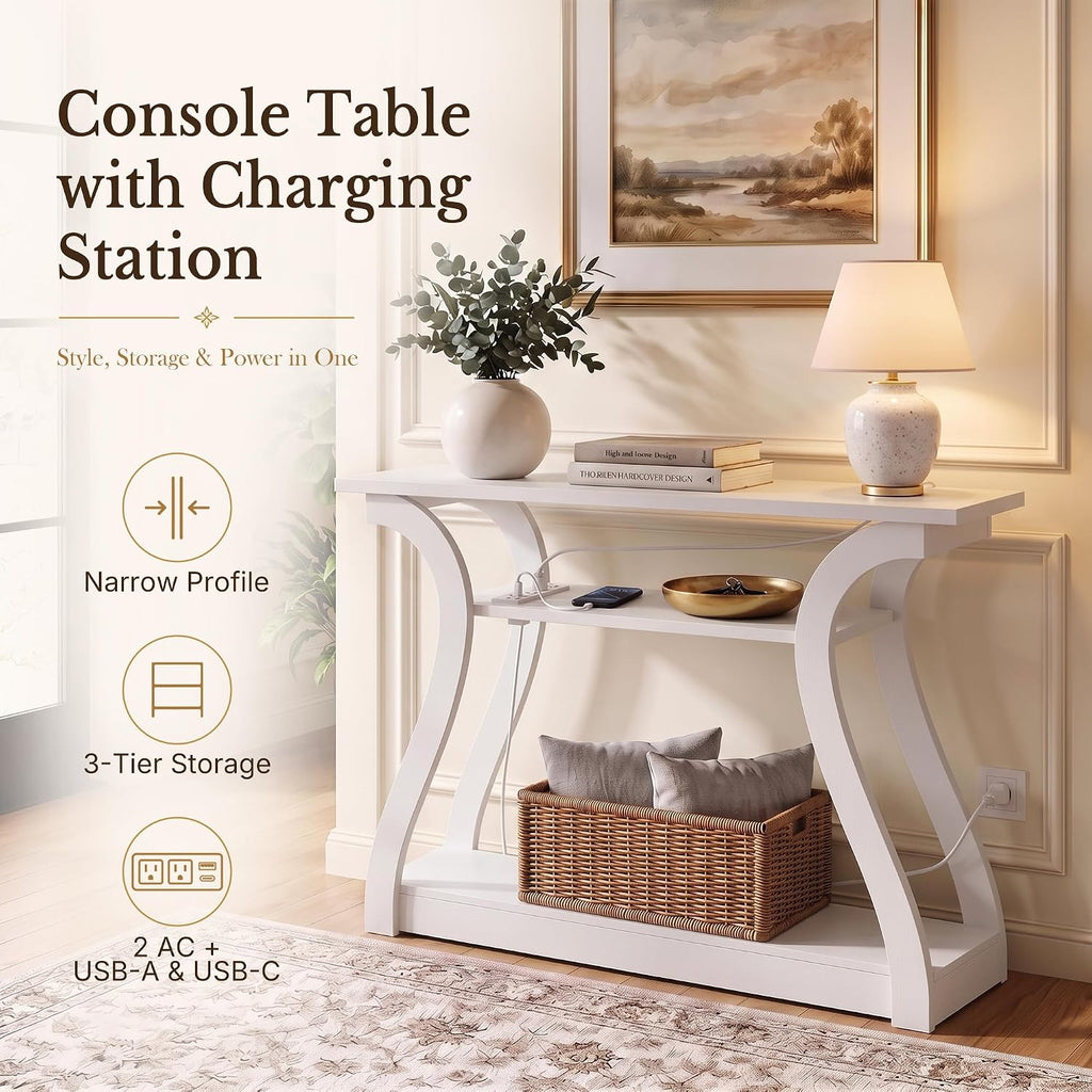 SUPER DEAL 47 in Wood Console Table with Charging Station, 3 Tier Narrow Entryway Table with Curved Frame and 2 Open Storage Shelves Accent Sofa Table for Hallway Living Room Bedroom, White