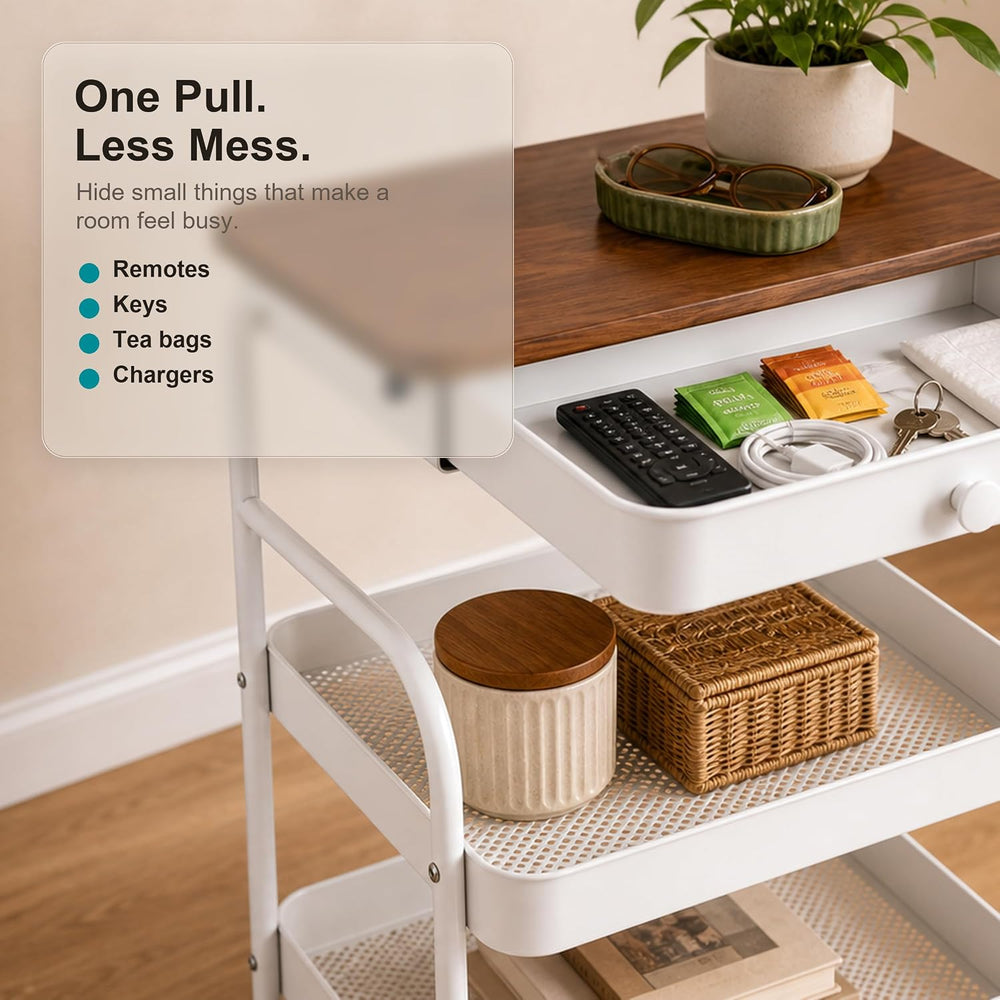 3 Tier Rolling Cart with Hidden Drawer and Wood Top, Small Space Storage Cart...