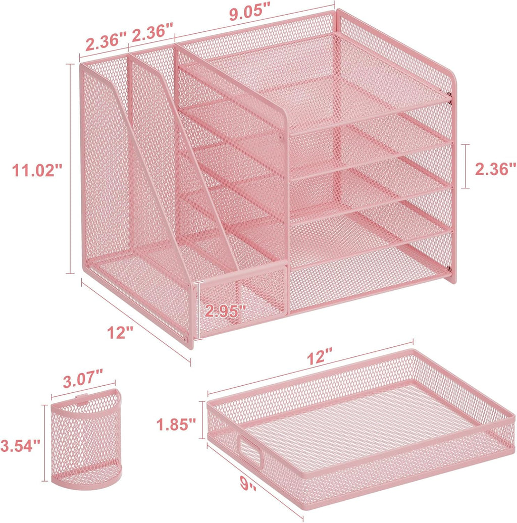 Marbrasse Desk Organizer with File Holder, 5-Tier Paper Letter Tray Organizer with Drawer and 2 Pen Holder, Mesh Desktop Organizer and Storage with Magazine Holder for Office Supplies(Pink)