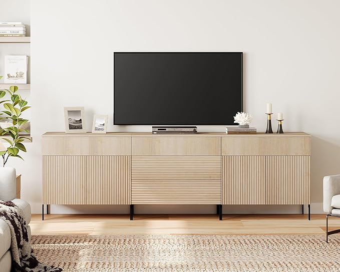 WAMPAT Fluted TV Stand for TVs up to 100 inchs, 3 in 1 Modern Entertainment Center with Storage Cabinets and 5 Drawers & 4 Doors, Wood Media TV Console Table with Storage for Living Room, Beige