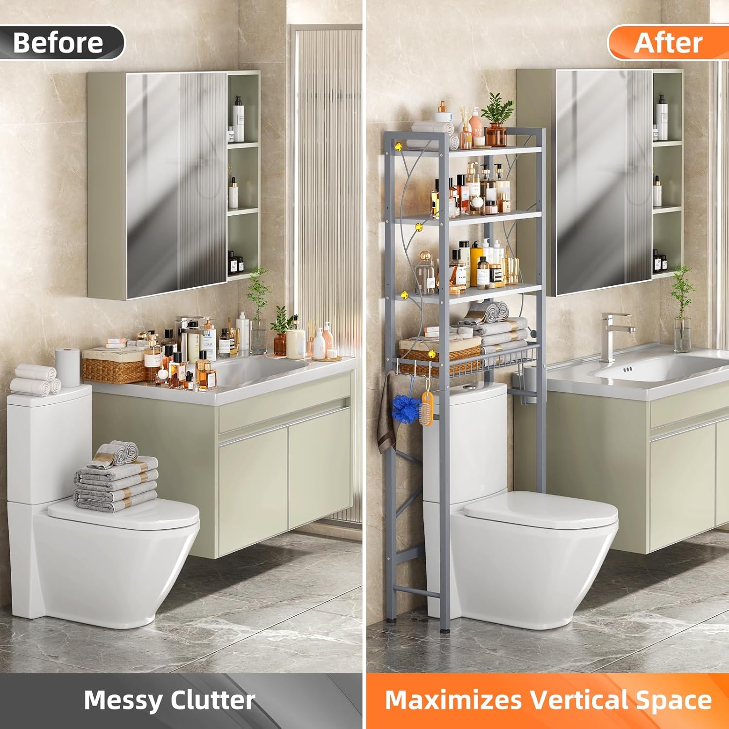 Over-The-Toilet Storage Rack, 4-Tier Bathroom Organizer Shelf Over Toilet with Adjustable Shelf and Basket, Freestanding Space Saver Bathroom Shelves Above Toilet for Room (Gray White)