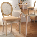 Rattan Back Upholstered Dining Chairs Set of 6 French Country Oval Kitchen Side Chairs with Wood Legs for Dining Room, Kitchen, Restaurant(Tan-Rattan)