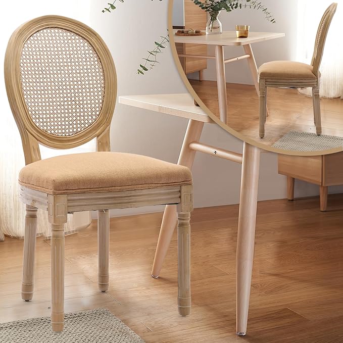 Rattan Back Upholstered Dining Chairs Set of 6 French Country Oval Kitchen Side Chairs with Wood Legs for Dining Room, Kitchen, Restaurant(Tan-Rattan)
