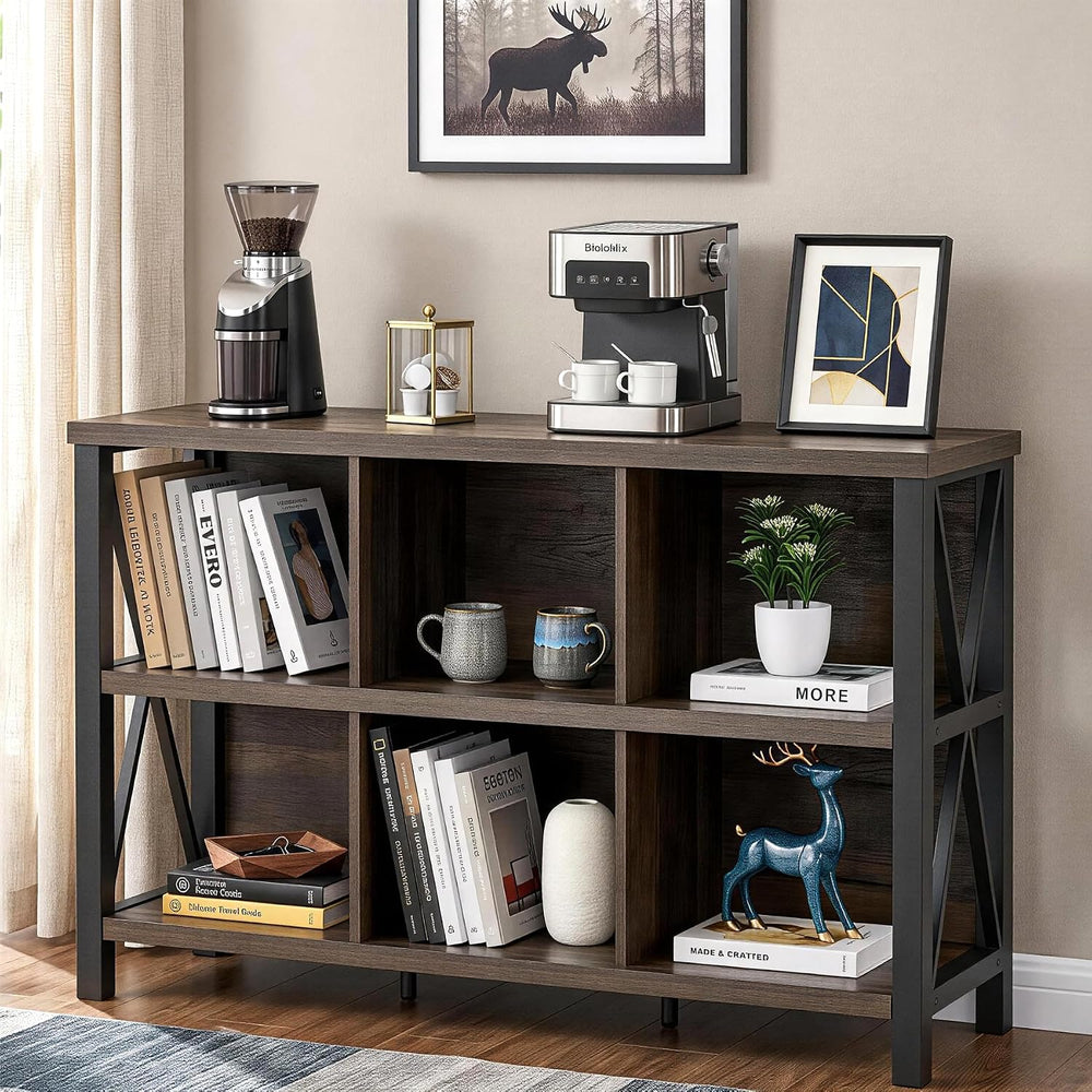 FATORRI 6 Cube Storage Organizer, 47" Horizontal Bookshelf, Walnut Brown