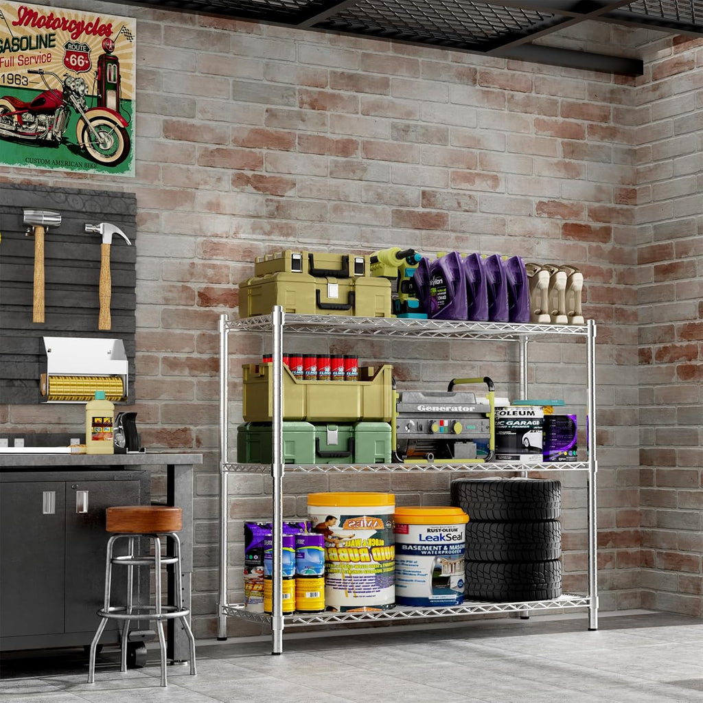 Storage Shelves Heavy Duty, 48" W x 20" D x 47" H Garage Wire Shelving Unit Loads 1200LBS, 3-Tier Adjustable Metal Industrial Utility Shelf Rack for Kitchen, Laundry Room, Pantry, Warehouse, Basement