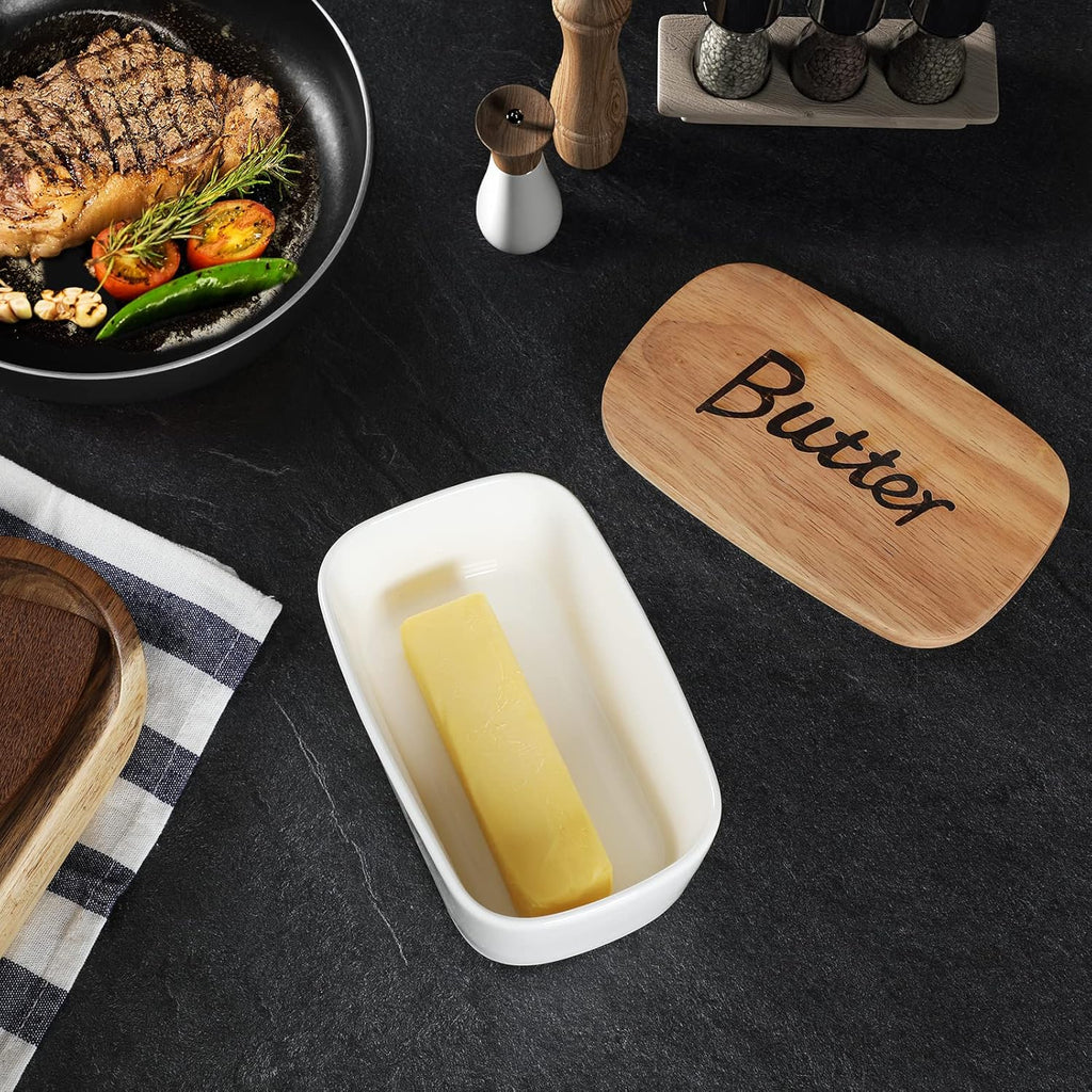 GDCZ Ceramics Butter Dish with Wooden Lid- Large Covered Butter Holder for Countertop, Butter Keeper Container Perfect for Holds 2X 4oz West/East Coast Butter, White