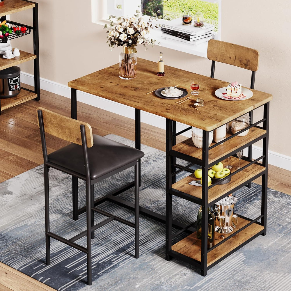 Bar Table and Chair Set with 3 Shelves, 2 Upholstered Stools, Vintage | Small...