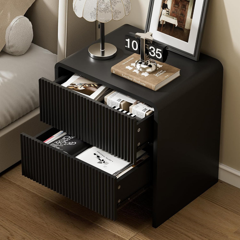 Furniway Set of 2 Modern Curved Nightstand with 2 Drawers, Push-to-Open Woode...