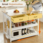 47.2" Kitchen Island with Storage & Wine Rack, Modern Stationary Island Table with Large Worktop - Features 3-Tier Shelf, 2 Drawers, Power Outlets & Hooks for Dining & Coffee Bar, White