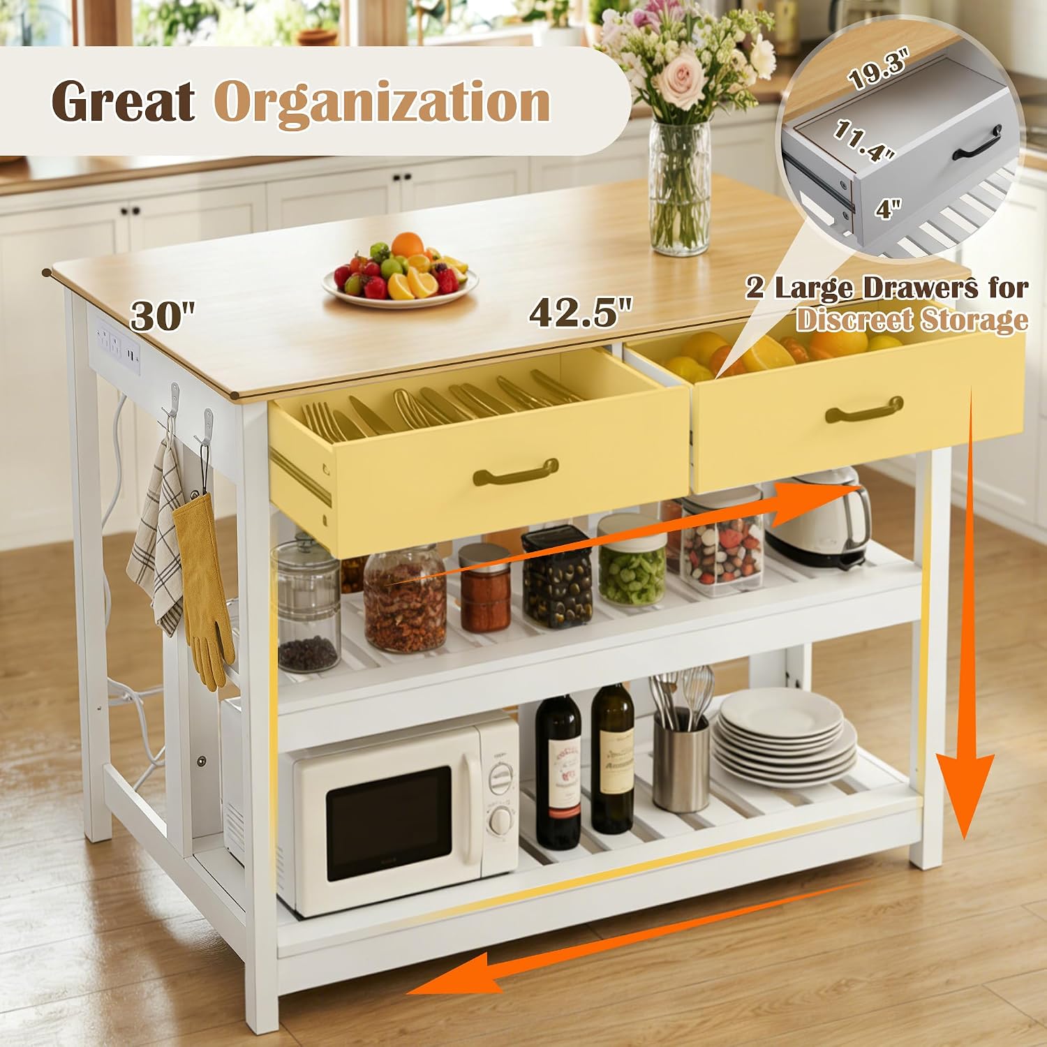 47.2" Kitchen Island with Storage & Wine Rack, Modern Stationary Island Table with Large Worktop - Features 3-Tier Shelf, 2 Drawers, Power Outlets & Hooks for Dining & Coffee Bar, White