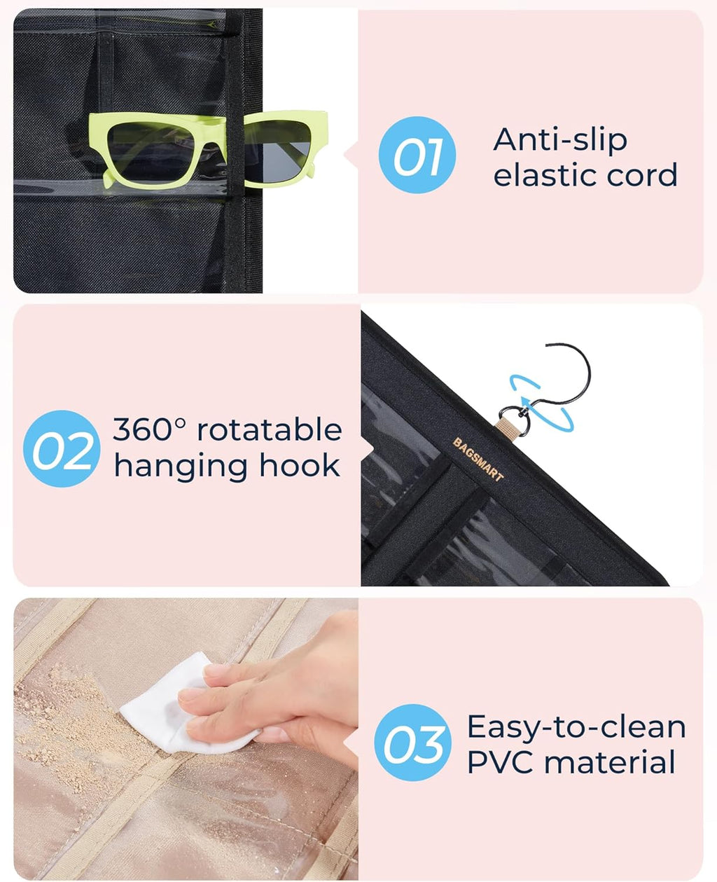 BAGSMART Hanging Jewelry Organizer, Dust Proof Sunglasses Storage Case Wall Mounted, Travel Dual Sided Glasses Case Multiple Pairs, Eyeglasses Holder with 32 Clear Slots & Metal Hook, Black