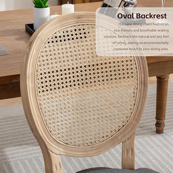 Rattan Back Upholstered Dining Chairs Set of 4 French Country Oval Kitchen Side Chairs with Wood Legs for Dining Room, Kitchen, Restaurant(Dark Grey-Rattan)