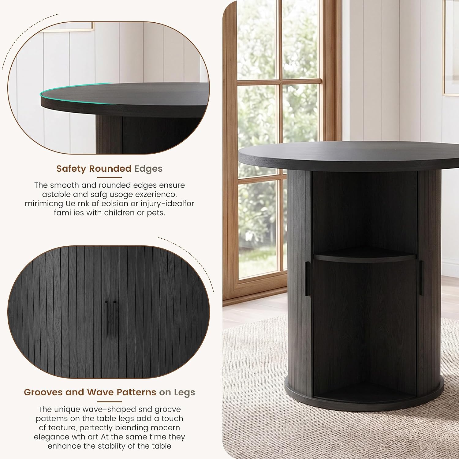 Miereirl Modern 3-Piece Round Wooden Dining Table and Chair Set,31.5" Table with Semi-Open Storage Rack and Sliding Door, Dining Chairs Made of High-end Fabric, Warm Home Dining Room Combination