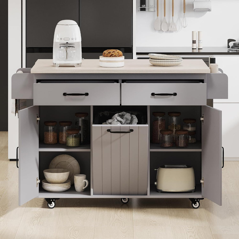 51" Rolling Kitchen Island with Tilt-Out Trash Cabinet & Drop Leaf |...