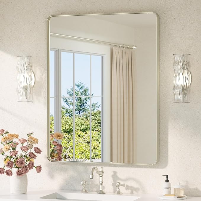 TETOTE Brushed Nickel Mirror 28 x 36 Brushed Nickel Metal Framed Bathroom Mir...