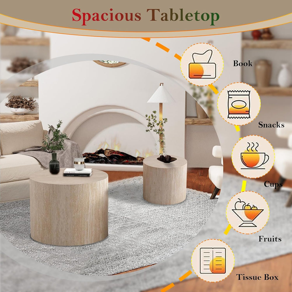 Travertine Nesting Tables - Natural Stone Grain Texture (B 18.1+14.6in) | Cir...