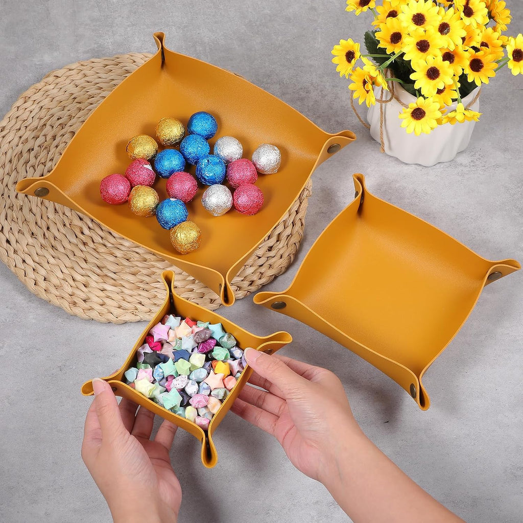 12pcs Leather Jewelry Tray for Keys and Wallet, Folding PU Leather Tray Organizer for Travel, Home or Office, Set in 3 Sizes and 4 Colors- Beige/Yellow/Brown/Black